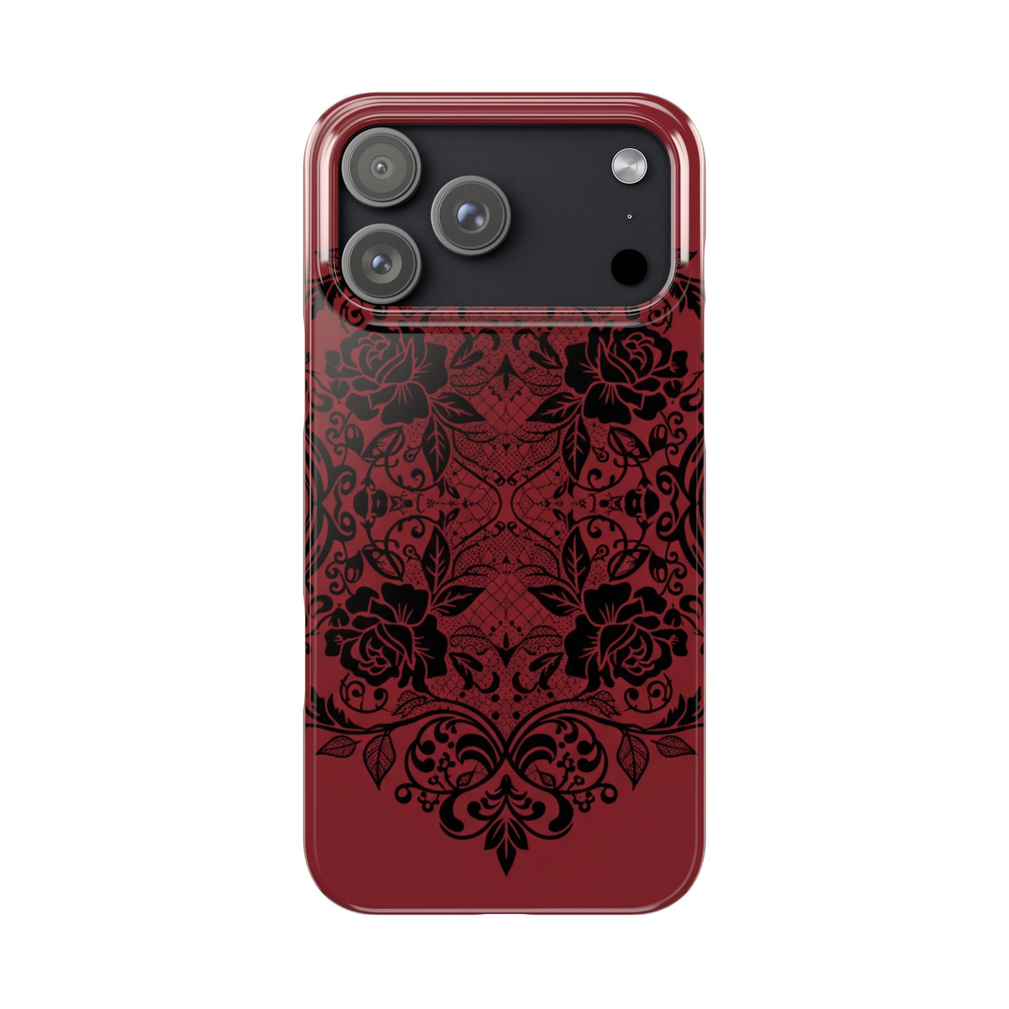 Gothic Lace Phone Case — Intricate Black Lace Over Deep Blood Red