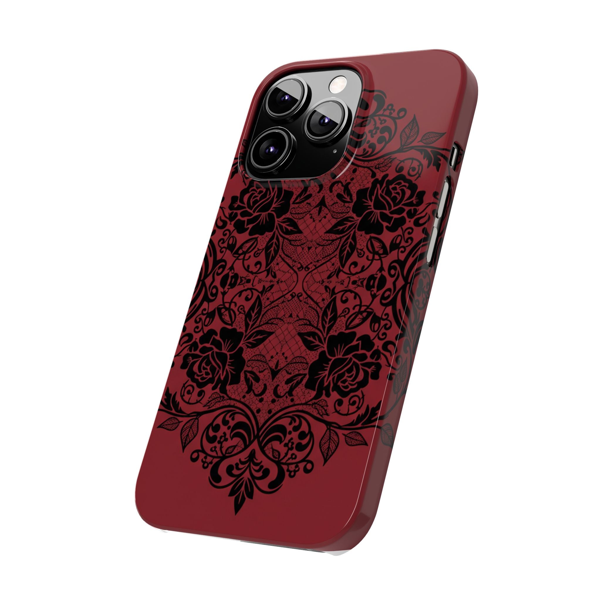 Gothic Lace Phone Case — Intricate Black Lace Over Deep Blood Red