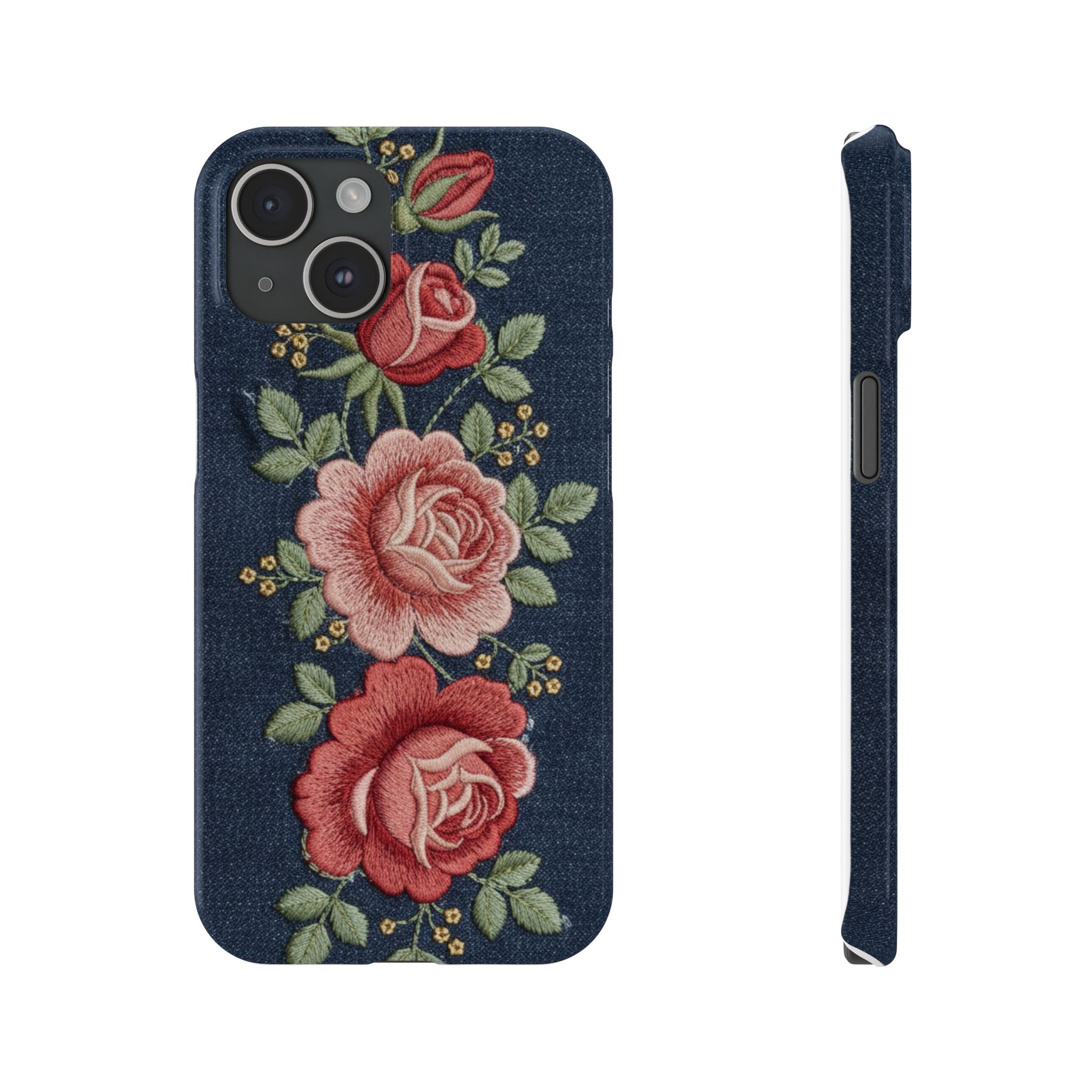 Denim Floral Embroidered Slim Phone Case — Stitched Roses & Vines