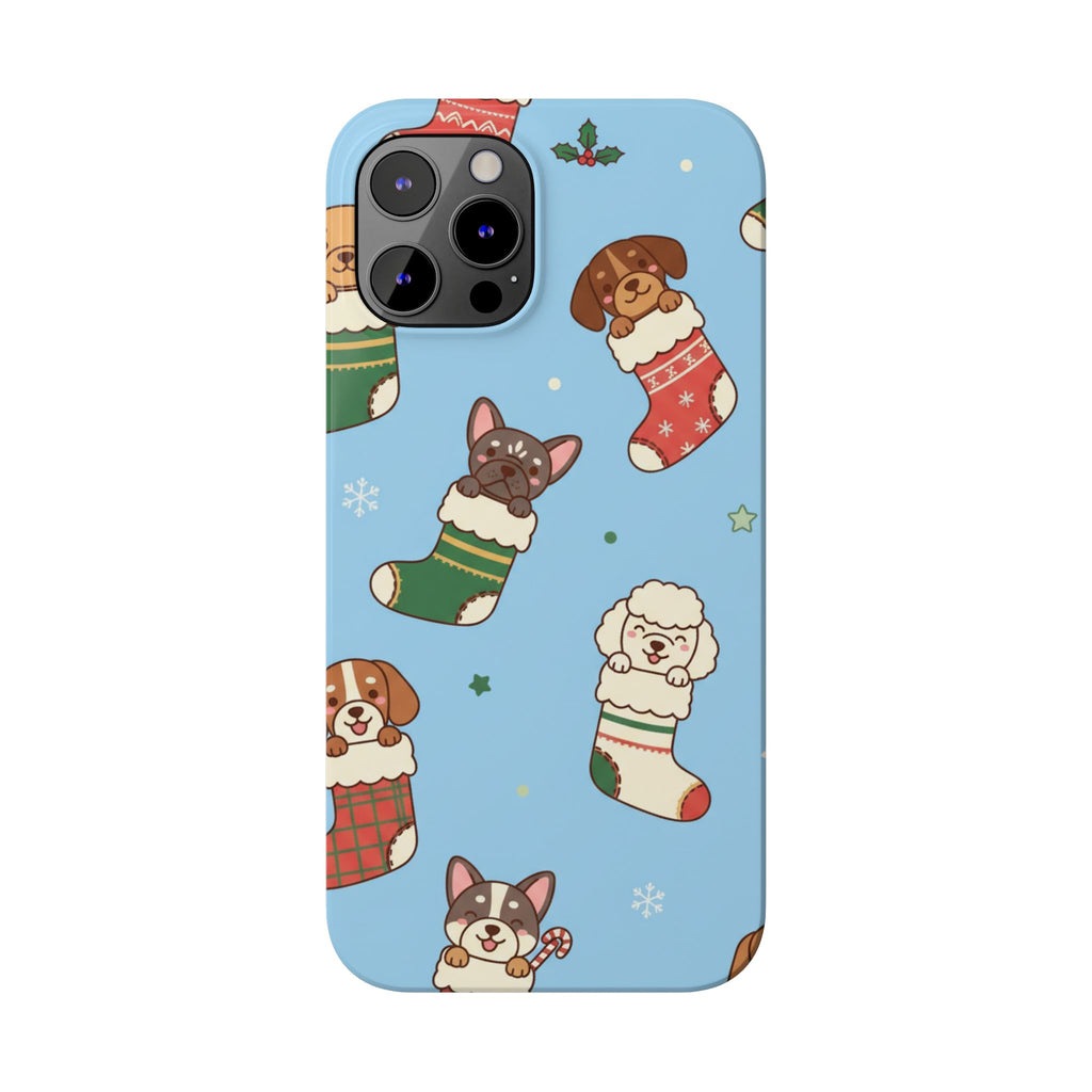 Dog Breeds Christmas Stocking Phone Case — Cute Puppy Pattern on Light Blue