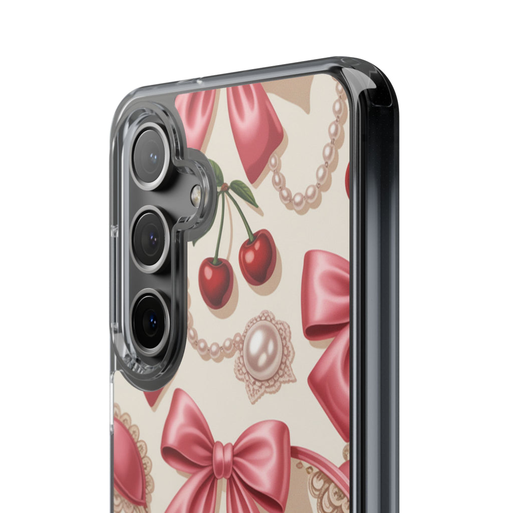 Phone Cases - Coquette Aesthetic Pattern with Pink Satin Bows, Pearls, and Cherries