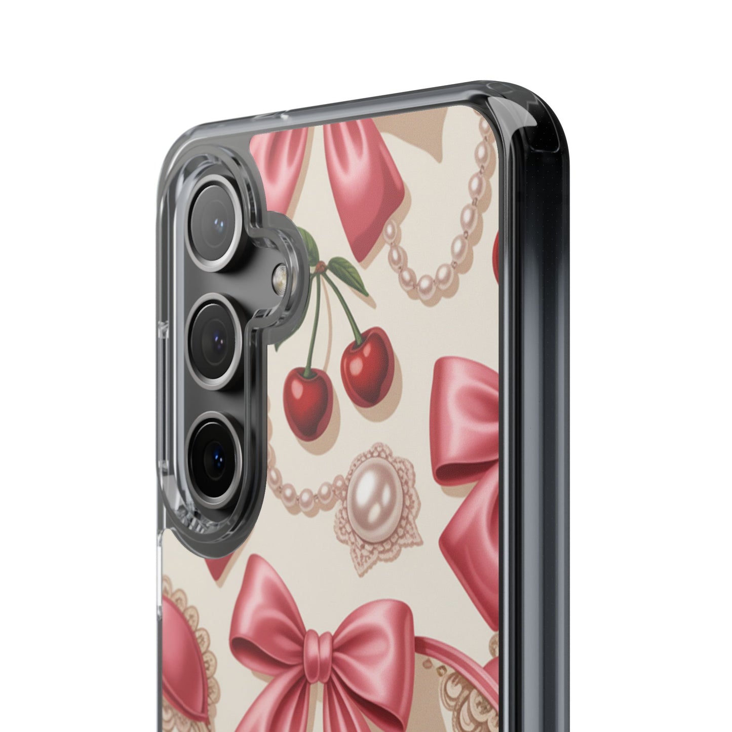 Phone Cases - Coquette Aesthetic Pattern with Pink Satin Bows, Pearls, and Cherries