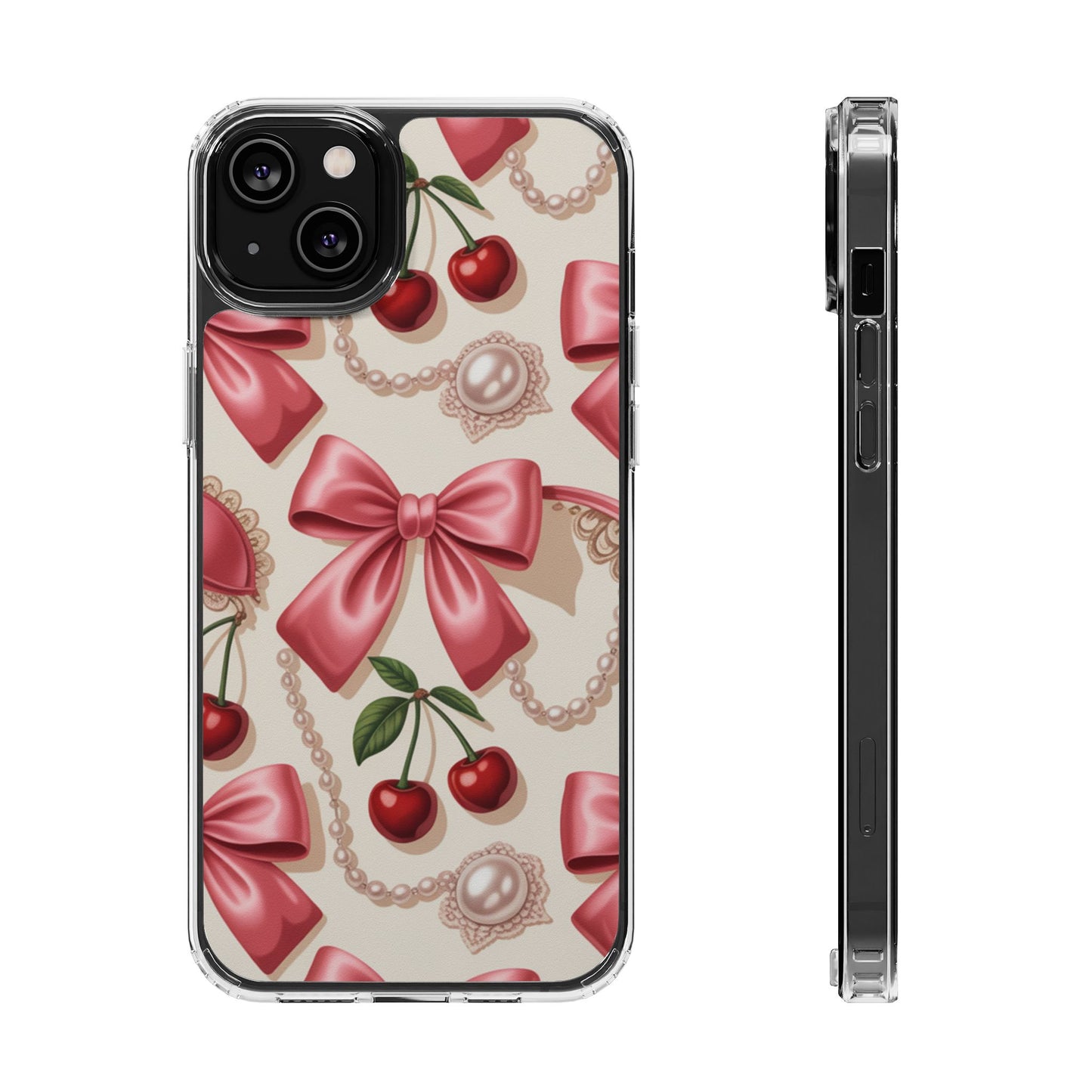 Phone Cases - Coquette Aesthetic Pattern with Pink Satin Bows, Pearls, and Cherries