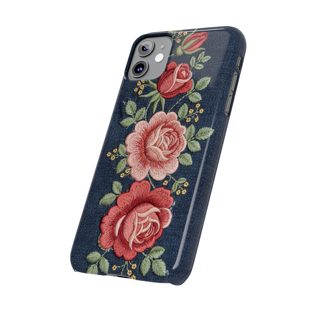 Denim Floral Embroidered Slim Phone Case — Stitched Roses & Vines