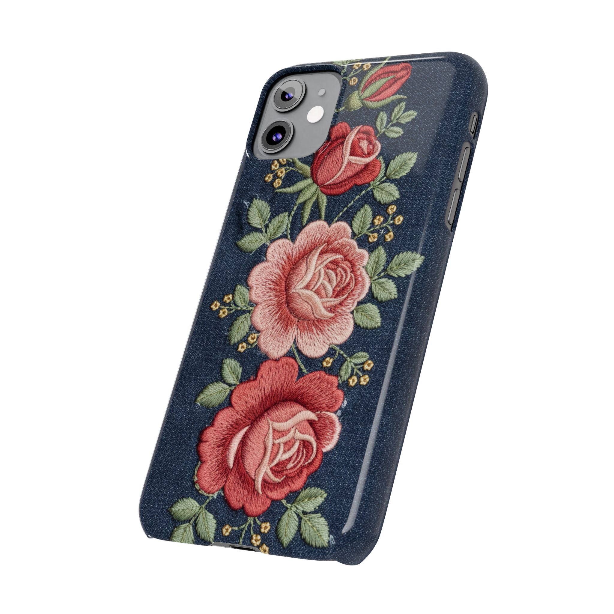 Denim Floral Embroidered Slim Phone Case — Stitched Roses & Vines