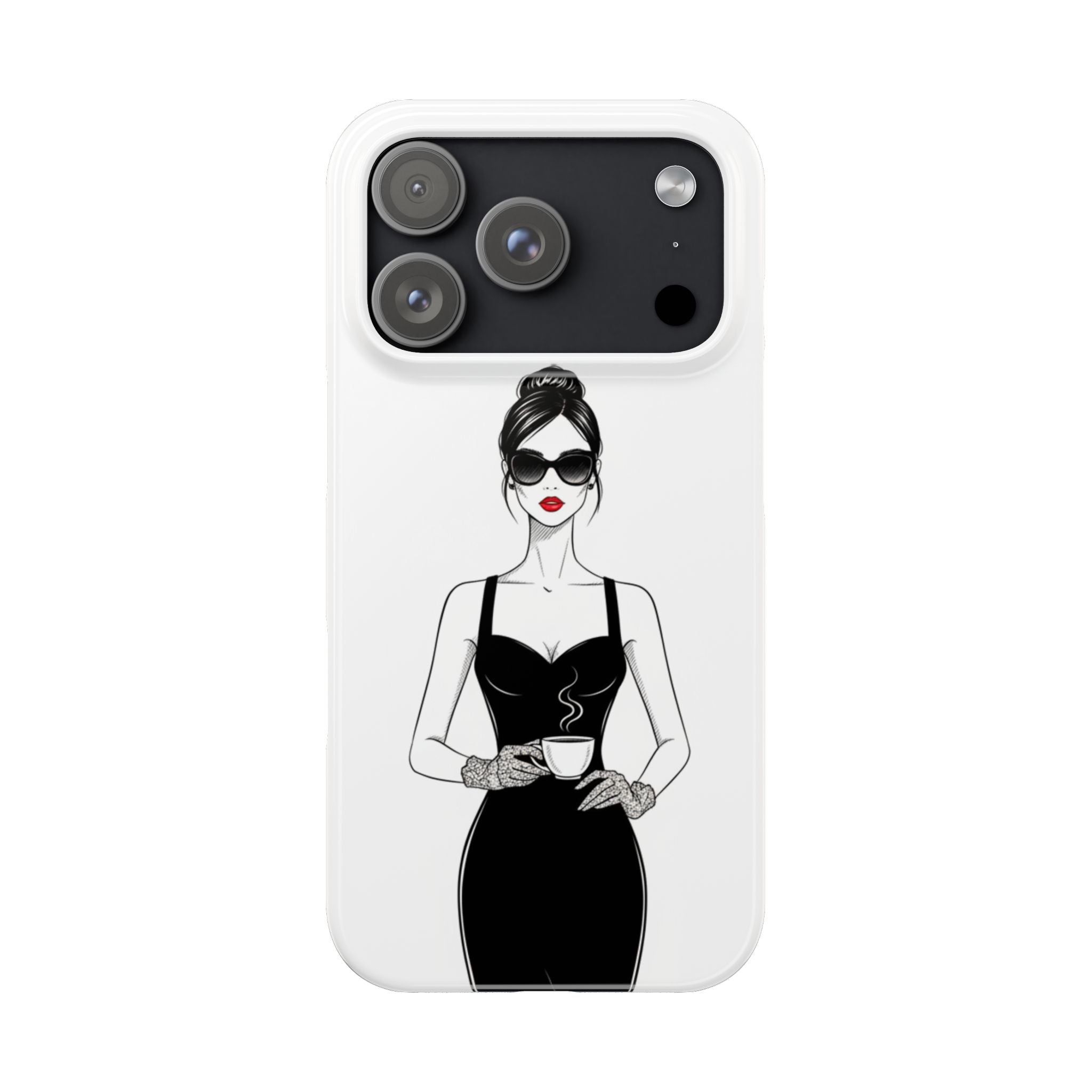 Chic High-Fashion Slim Phone Case — Black Dress Illustration with Red Lip Accent