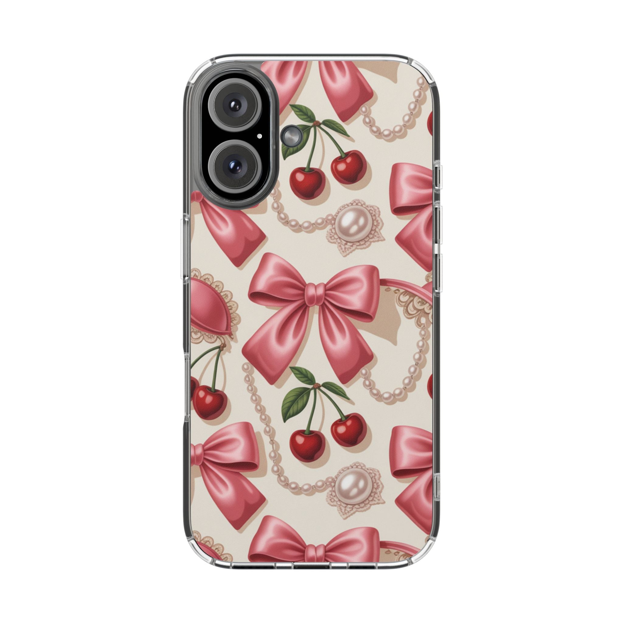 Phone Cases - Coquette Aesthetic Pattern with Pink Satin Bows, Pearls, and Cherries