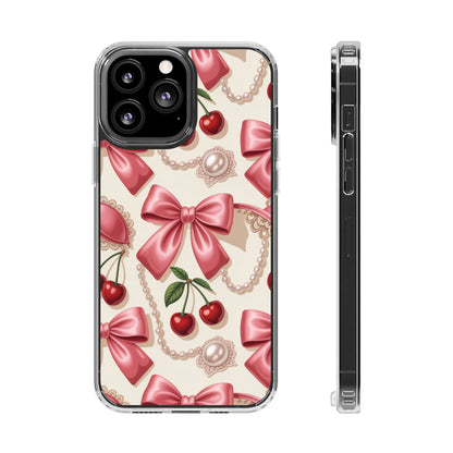 Phone Cases - Coquette Aesthetic Pattern with Pink Satin Bows, Pearls, and Cherries