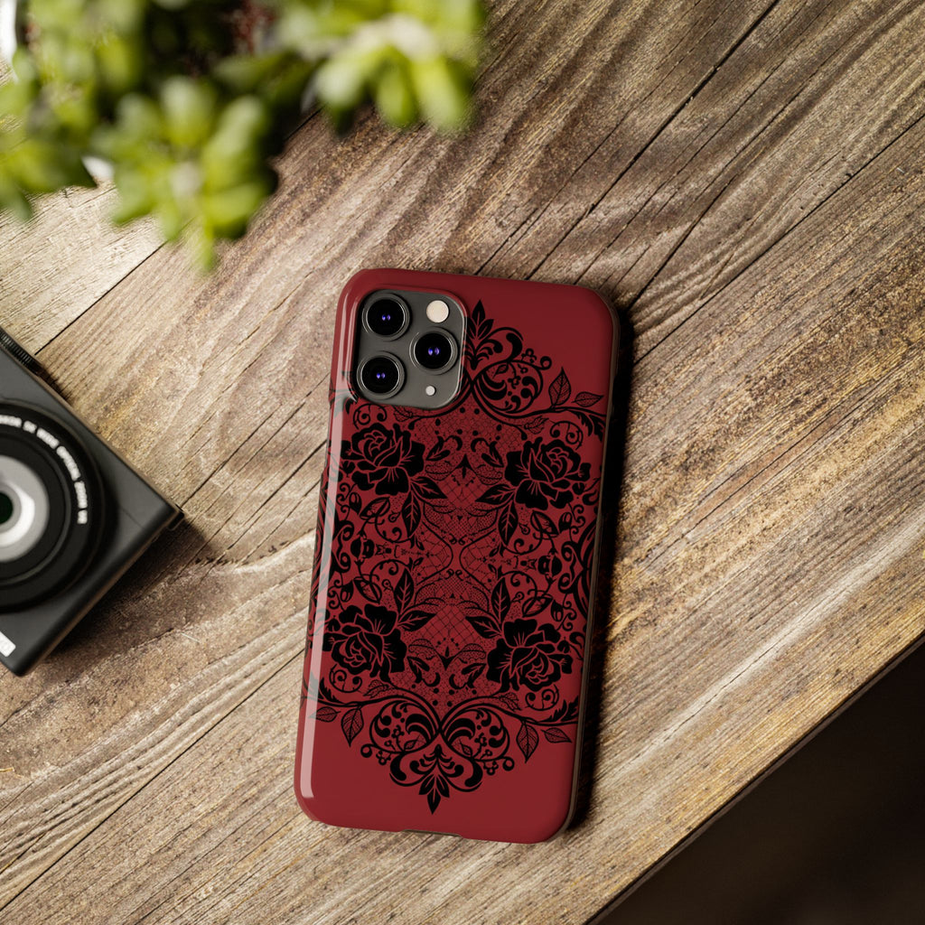 Gothic Lace Phone Case — Intricate Black Lace Over Deep Blood Red