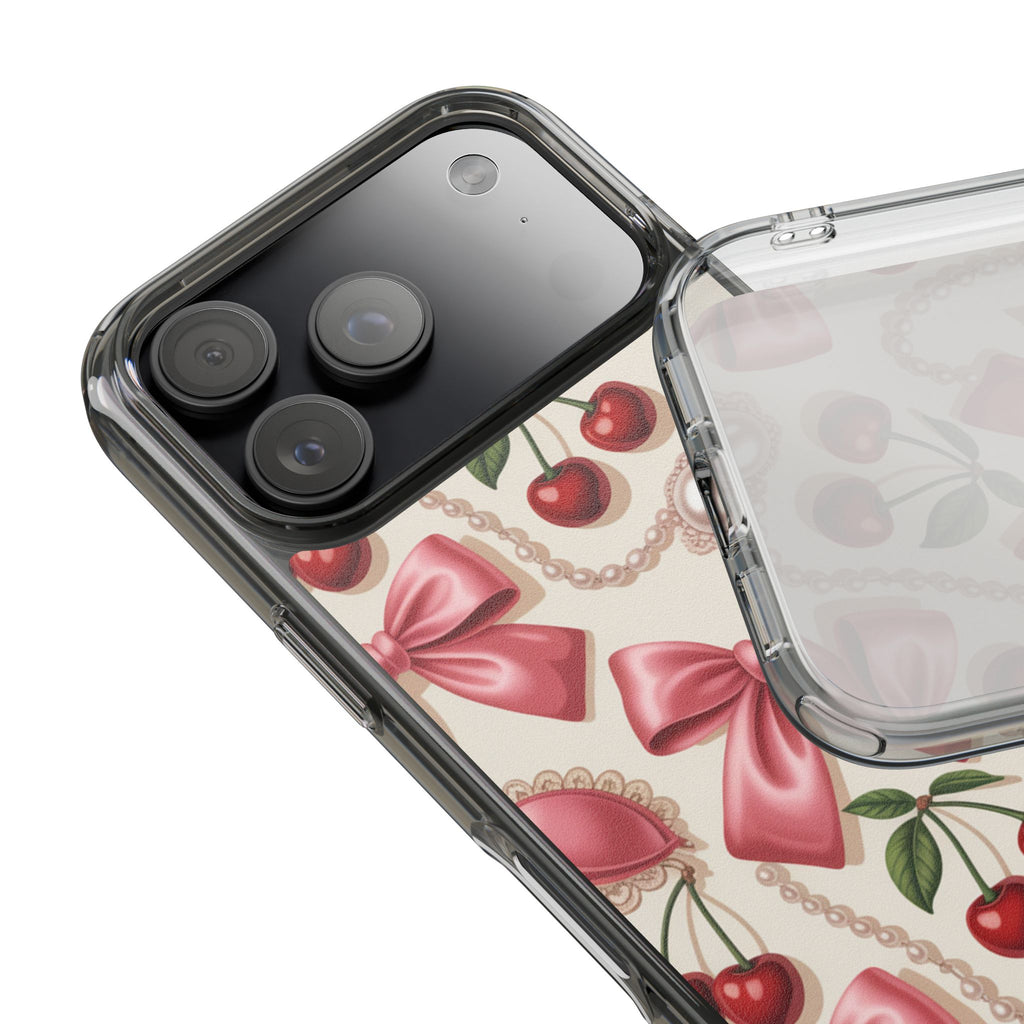 Phone Cases - Coquette Aesthetic Pattern with Pink Satin Bows, Pearls, and Cherries