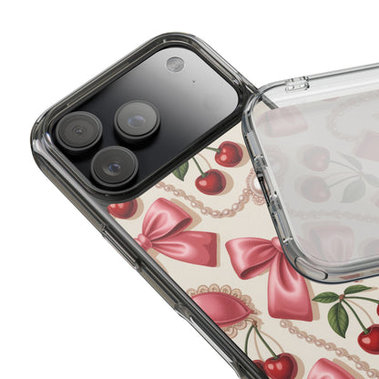 Phone Cases - Coquette Aesthetic Pattern with Pink Satin Bows, Pearls, and Cherries