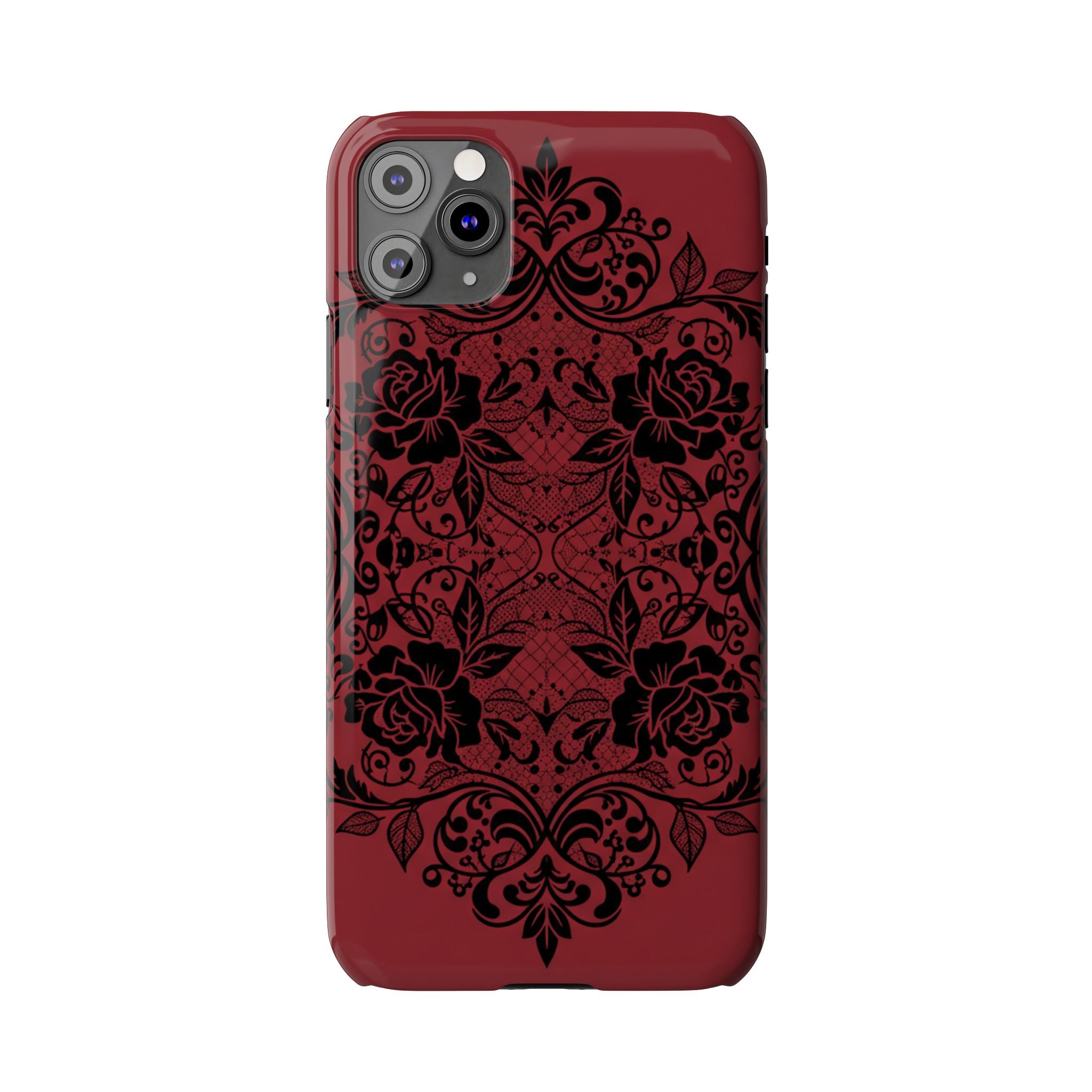 Gothic Lace Phone Case — Intricate Black Lace Over Deep Blood Red