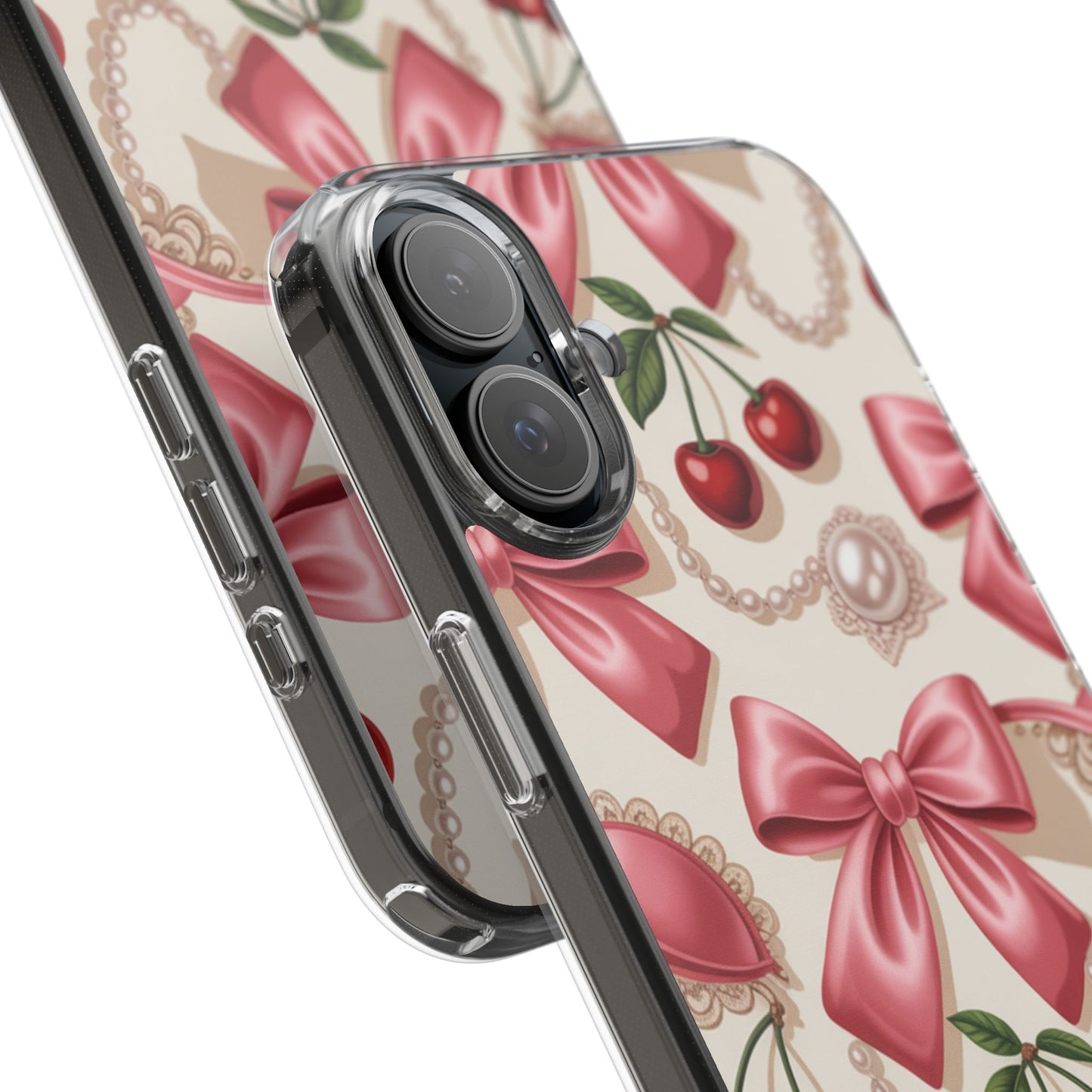 Phone Cases - Coquette Aesthetic Pattern with Pink Satin Bows, Pearls, and Cherries