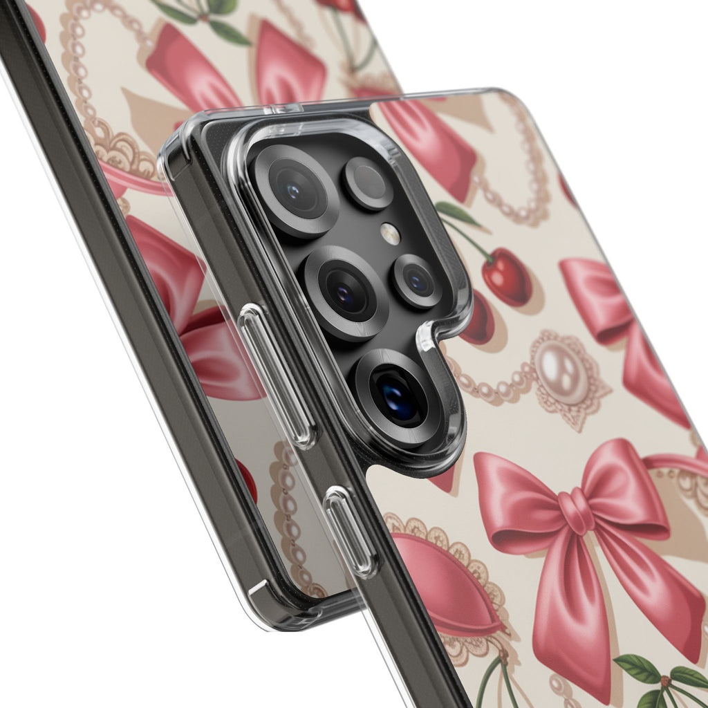 Phone Cases - Coquette Aesthetic Pattern with Pink Satin Bows, Pearls, and Cherries