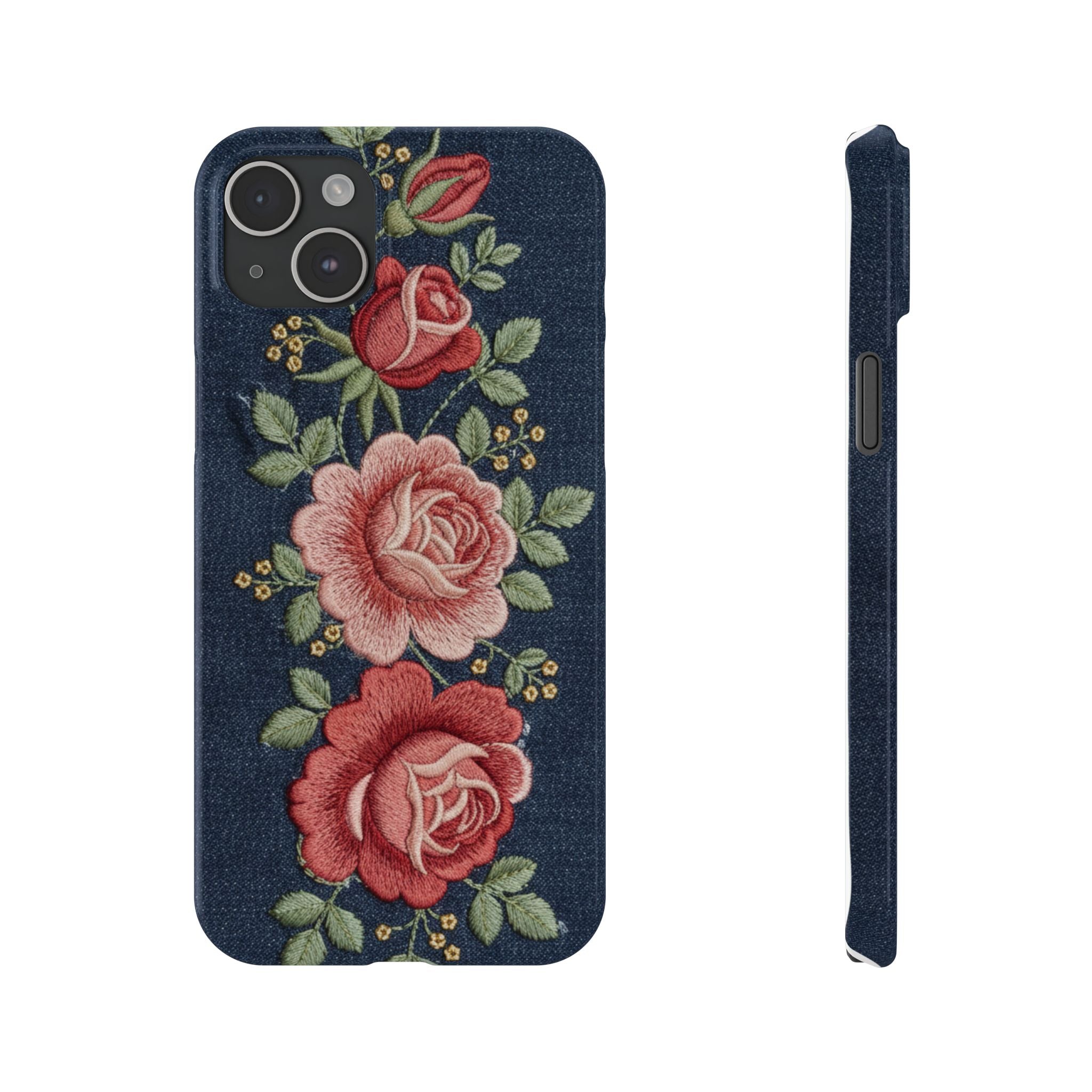 Denim Floral Embroidered Slim Phone Case — Stitched Roses & Vines