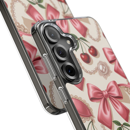 Phone Cases - Coquette Aesthetic Pattern with Pink Satin Bows, Pearls, and Cherries