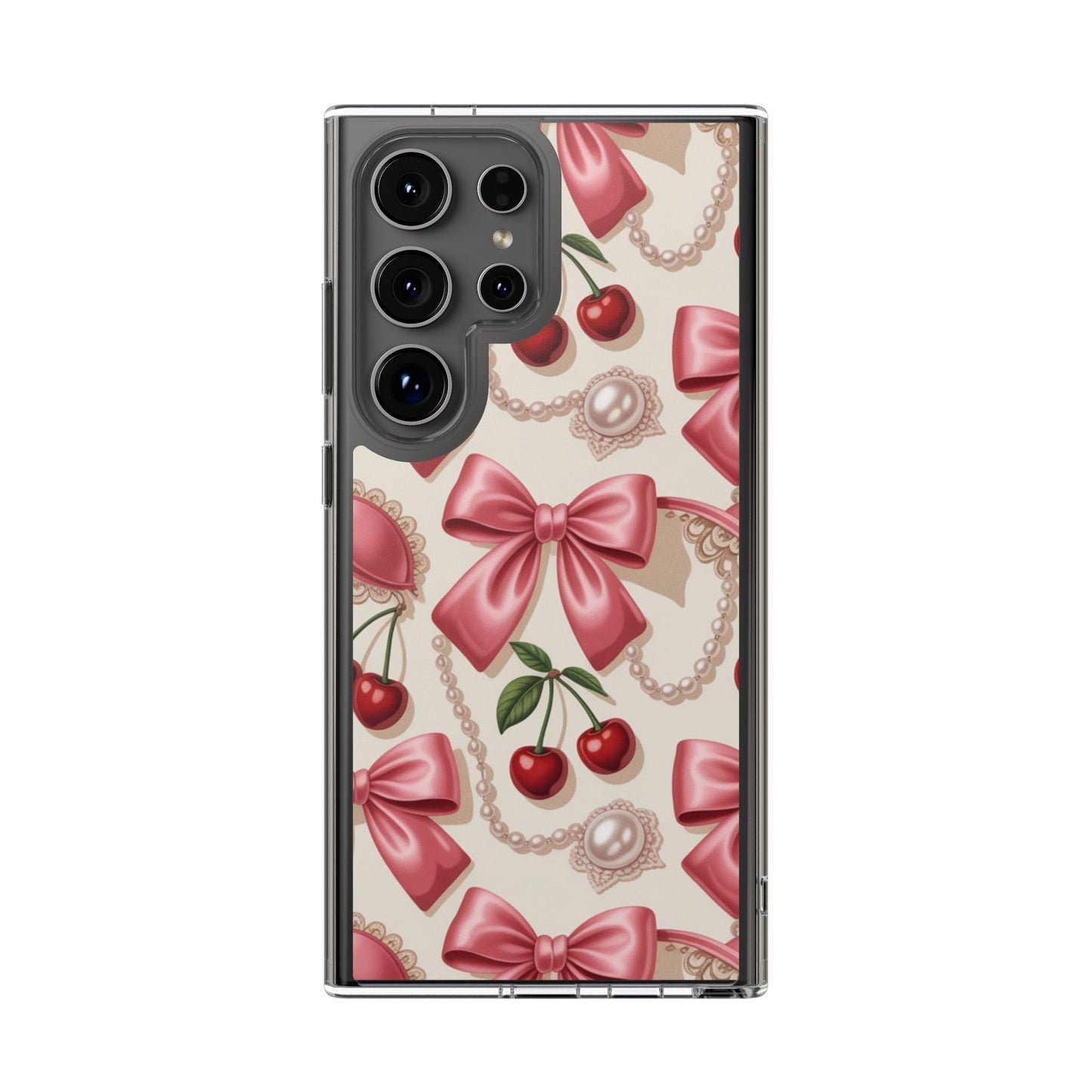 Phone Cases - Coquette Aesthetic Pattern with Pink Satin Bows, Pearls, and Cherries