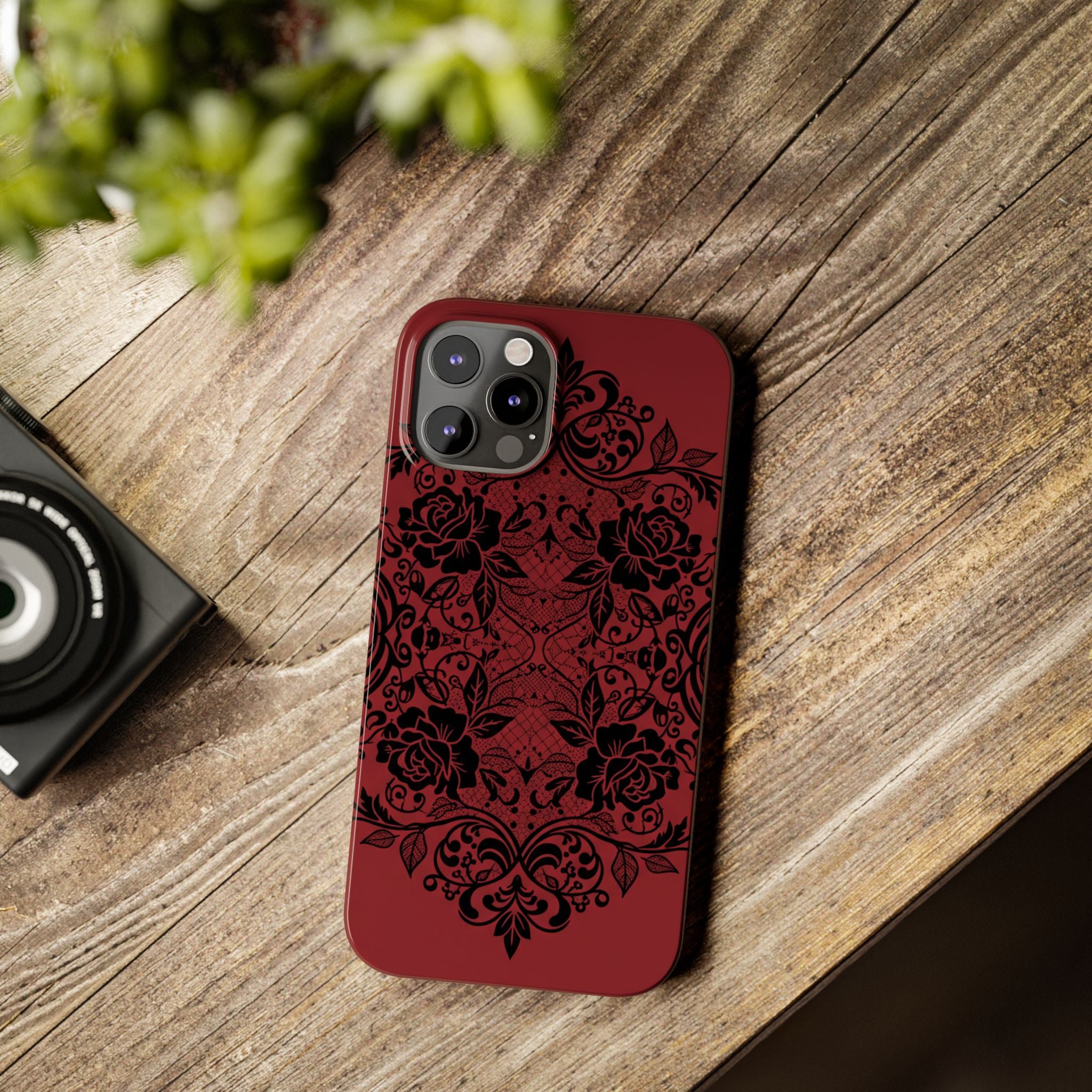 Gothic Lace Phone Case — Intricate Black Lace Over Deep Blood Red