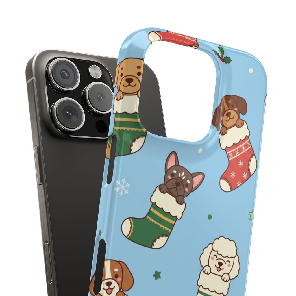 Dog Breeds Christmas Stocking Phone Case — Cute Puppy Pattern on Light Blue