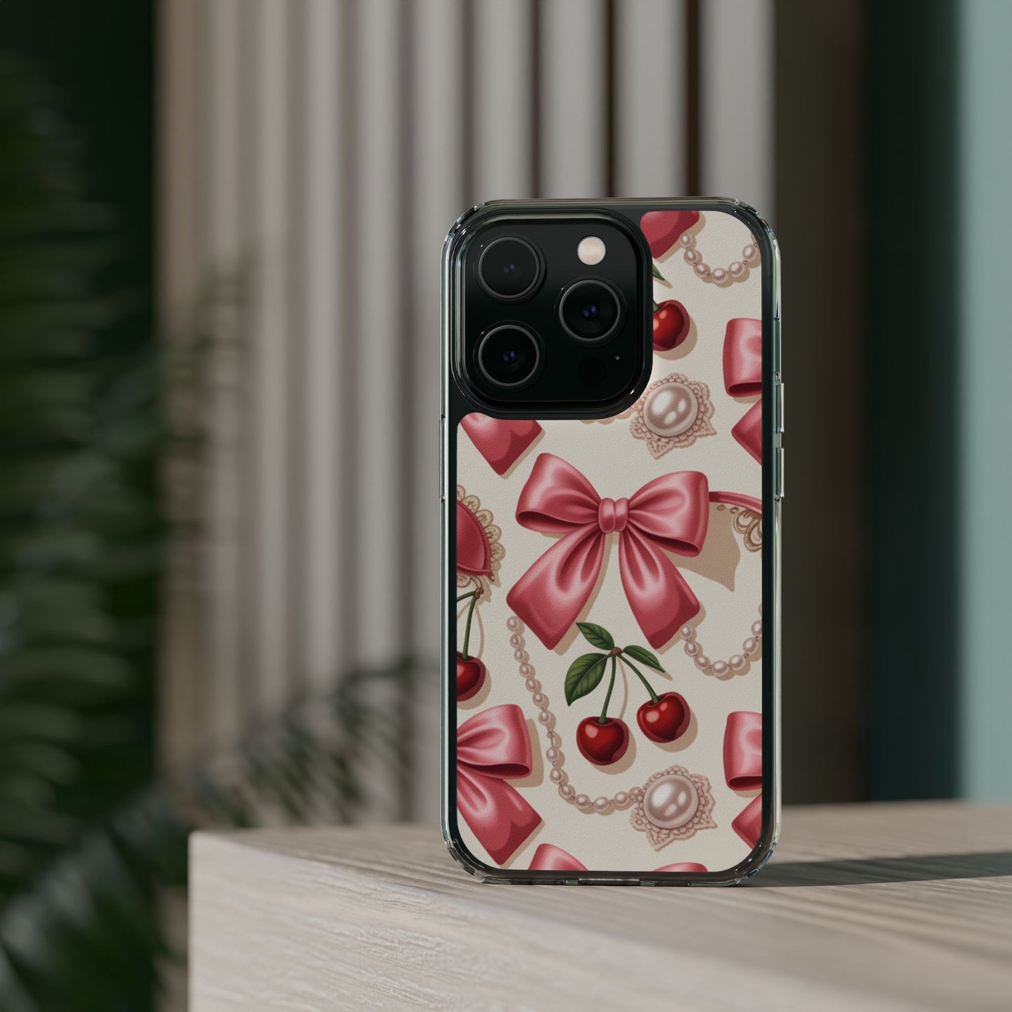 Phone Cases - Coquette Aesthetic Pattern with Pink Satin Bows, Pearls, and Cherries