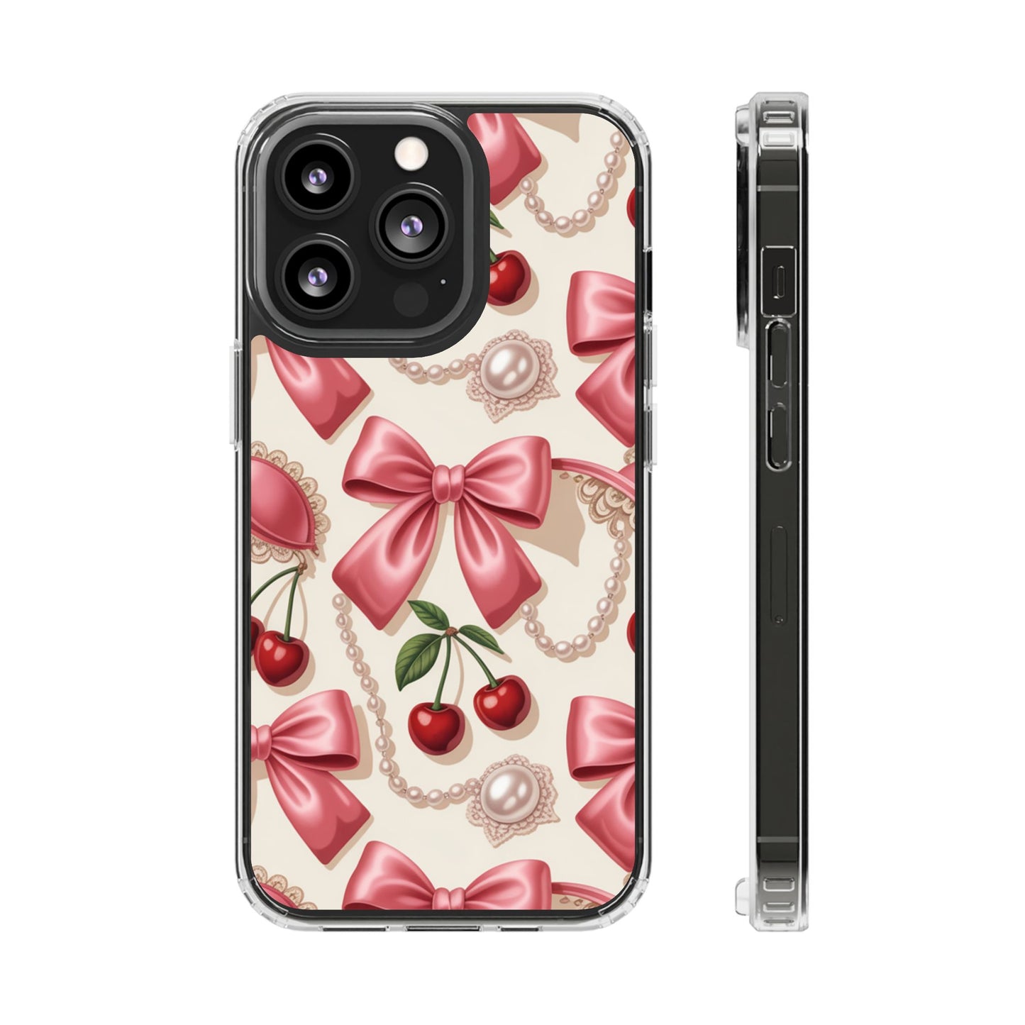 Phone Cases - Coquette Aesthetic Pattern with Pink Satin Bows, Pearls, and Cherries