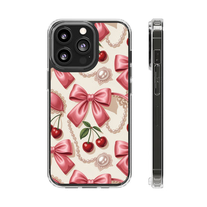 Phone Cases - Coquette Aesthetic Pattern with Pink Satin Bows, Pearls, and Cherries