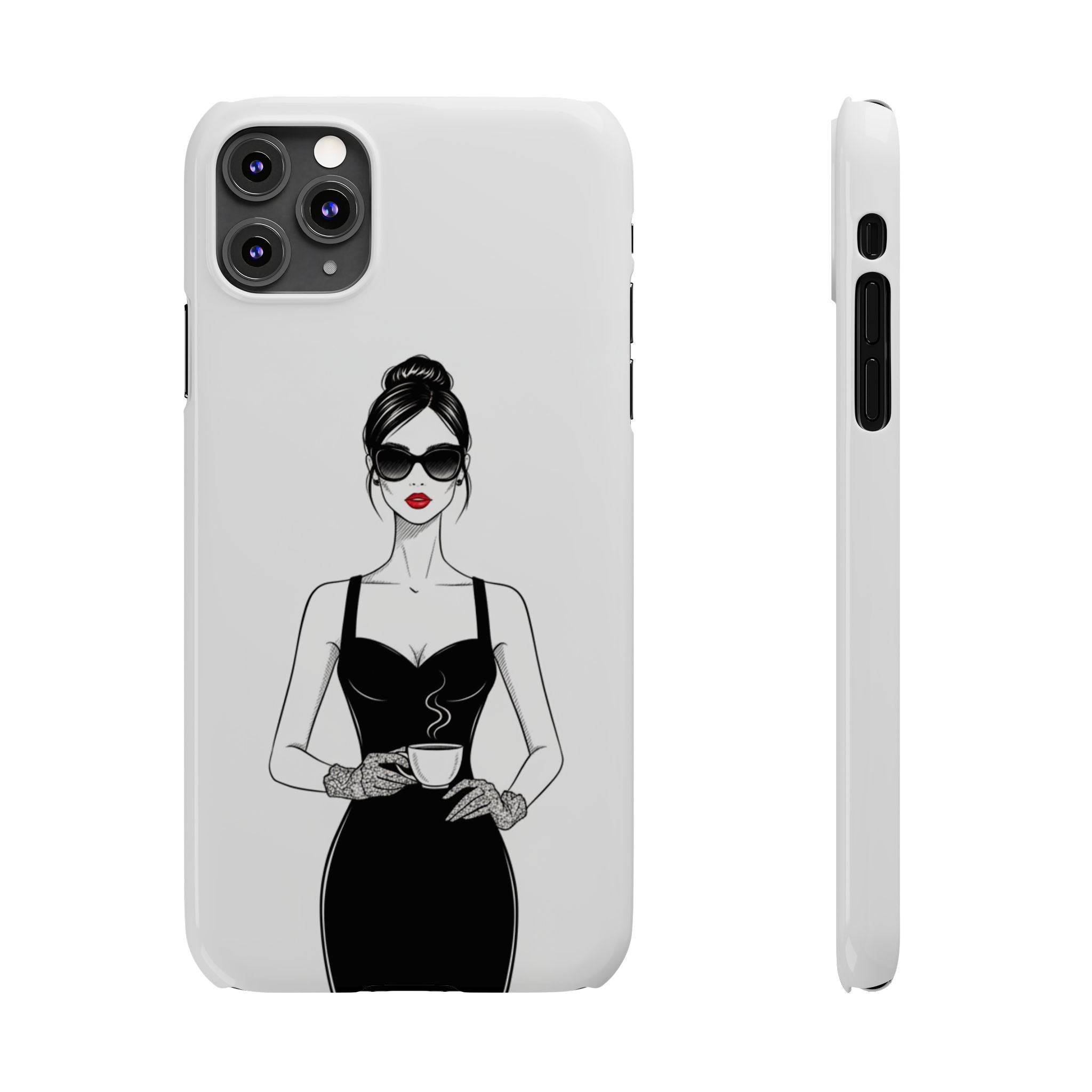 Chic High-Fashion Slim Phone Case — Black Dress Illustration with Red Lip Accent