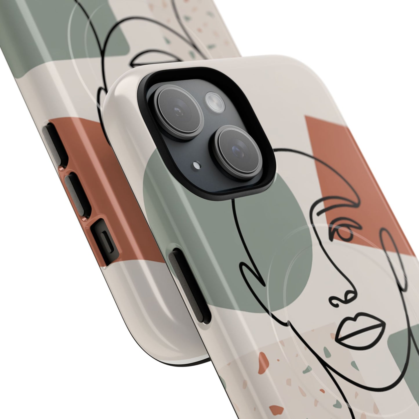 Phone Case - Minimalist Abstract Art Face Design - Sage Green and Terracotta Colors