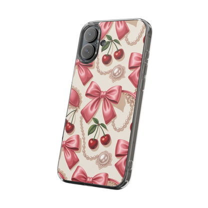 Phone Cases - Coquette Aesthetic Pattern with Pink Satin Bows, Pearls, and Cherries