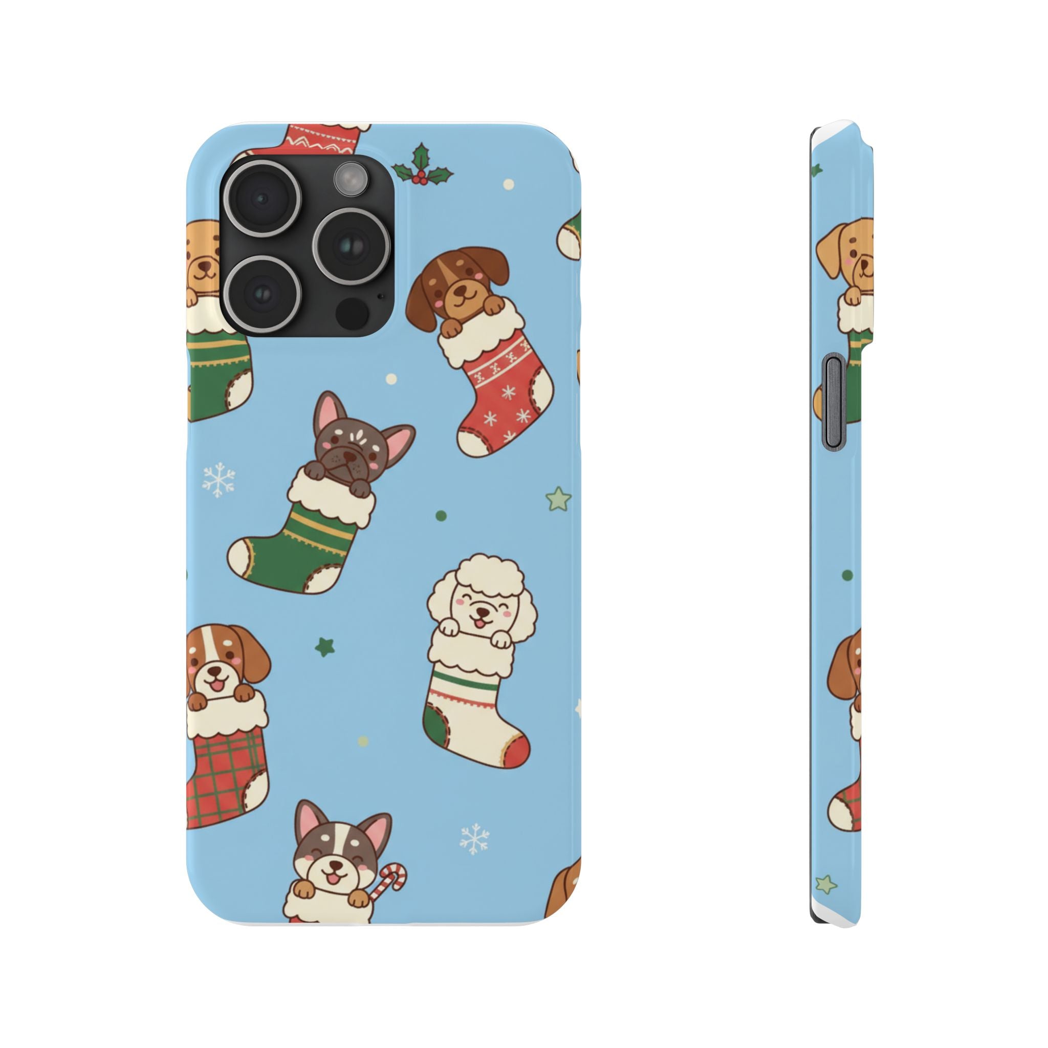 Dog Breeds Christmas Stocking Phone Case — Cute Puppy Pattern on Light Blue