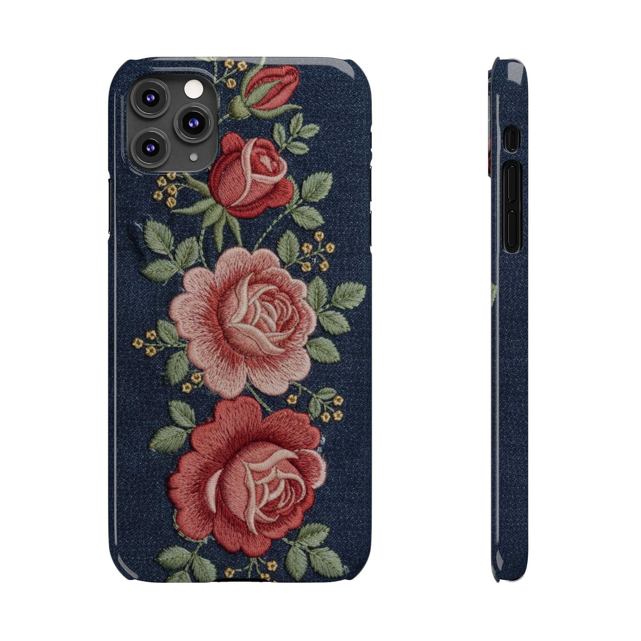 Denim Floral Embroidered Slim Phone Case — Stitched Roses & Vines