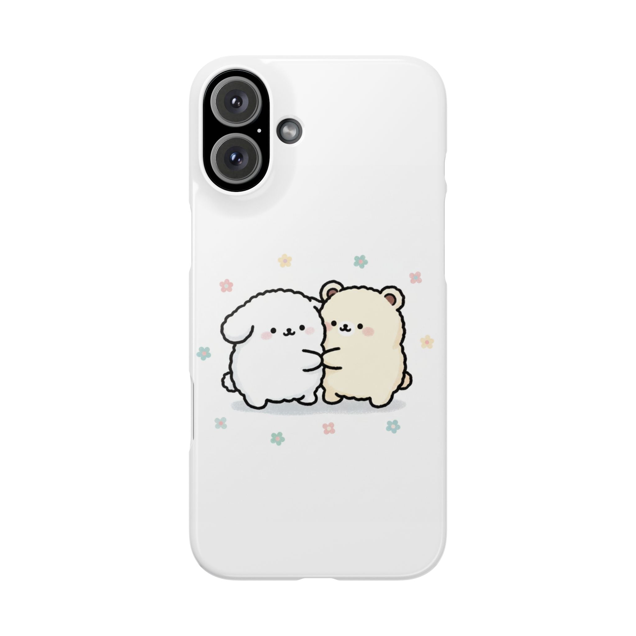 Kawaii Puppy & Bear Hug Slim Phone Case — Pastel Floral Cute Cozy Design