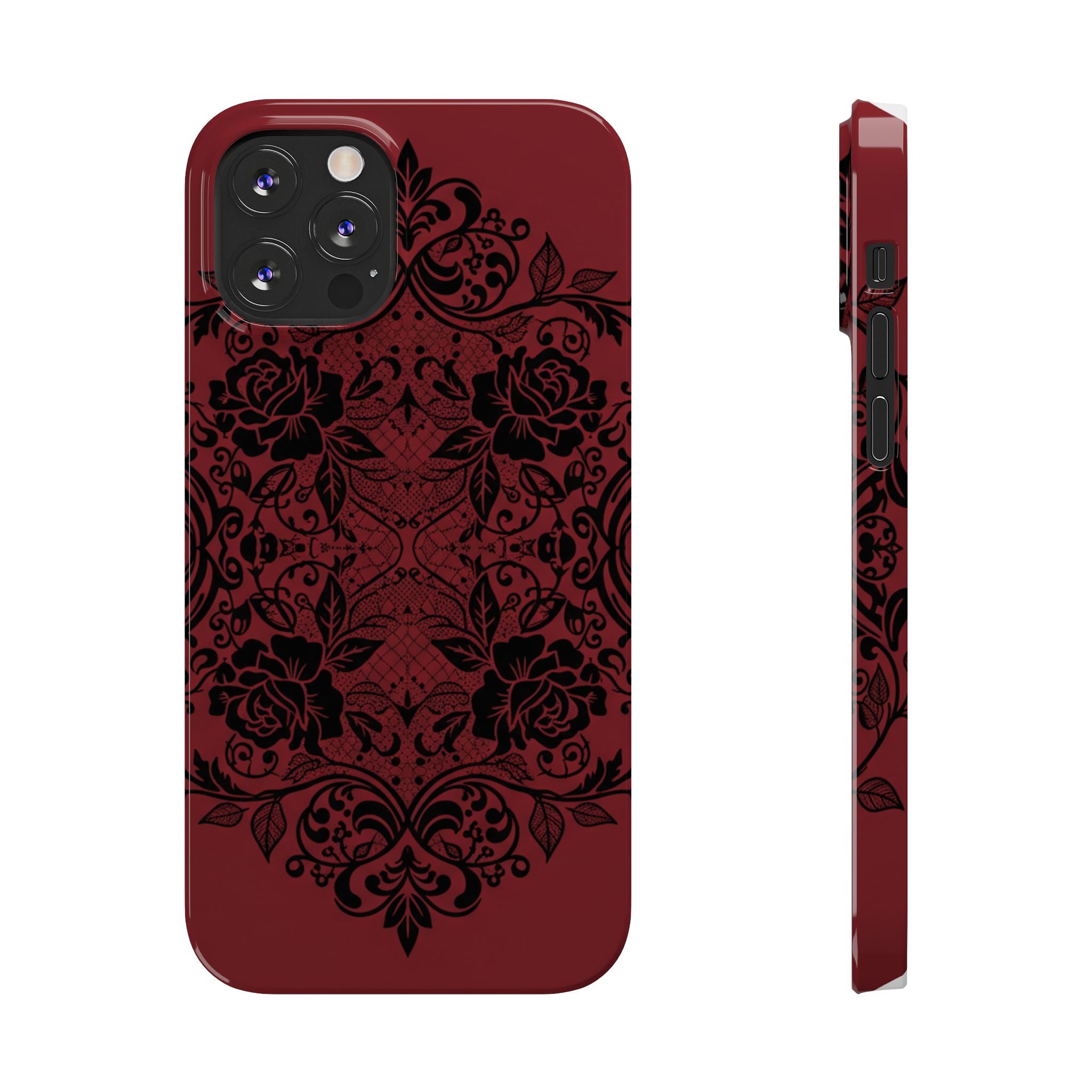 Gothic Lace Phone Case — Intricate Black Lace Over Deep Blood Red