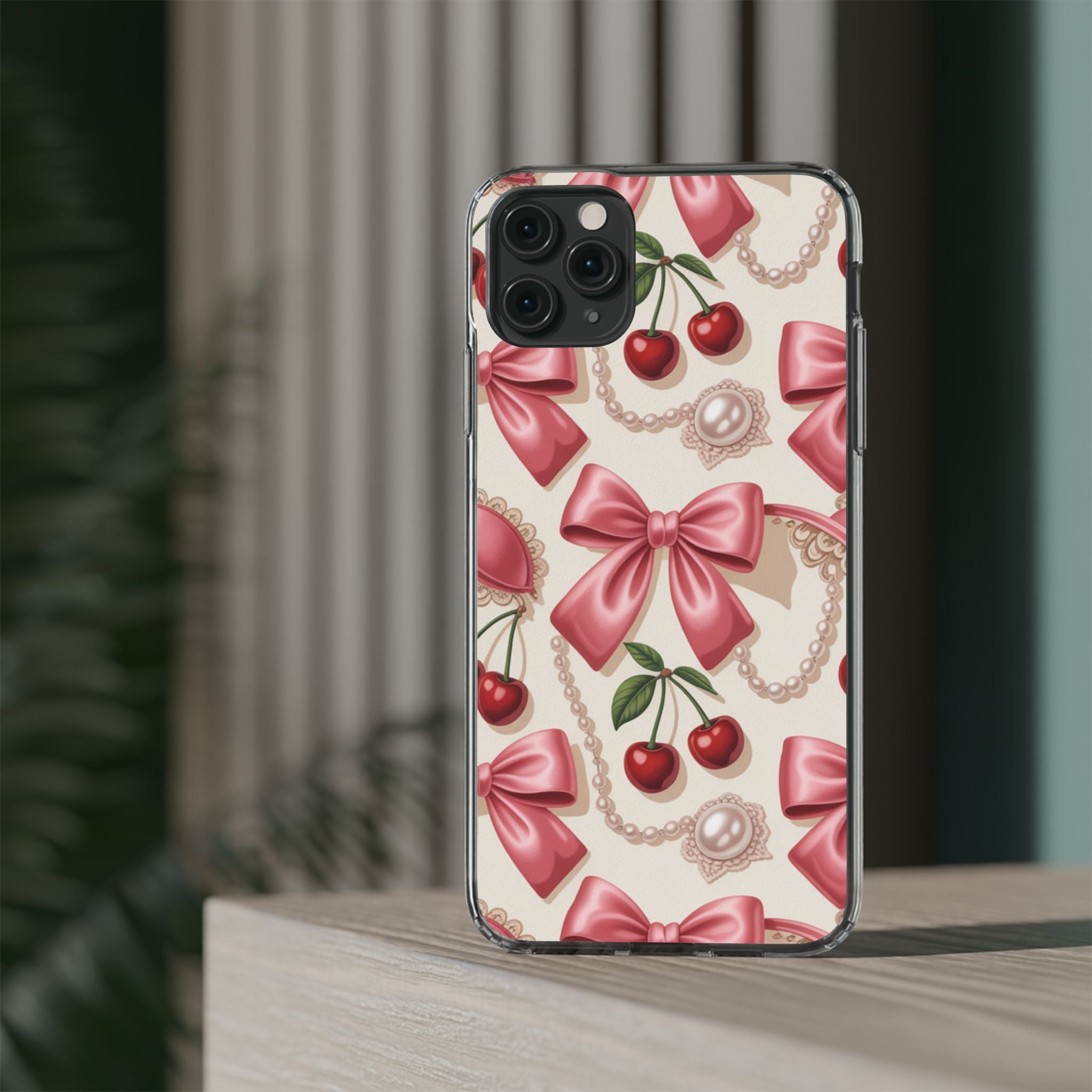 Phone Cases - Coquette Aesthetic Pattern with Pink Satin Bows, Pearls, and Cherries