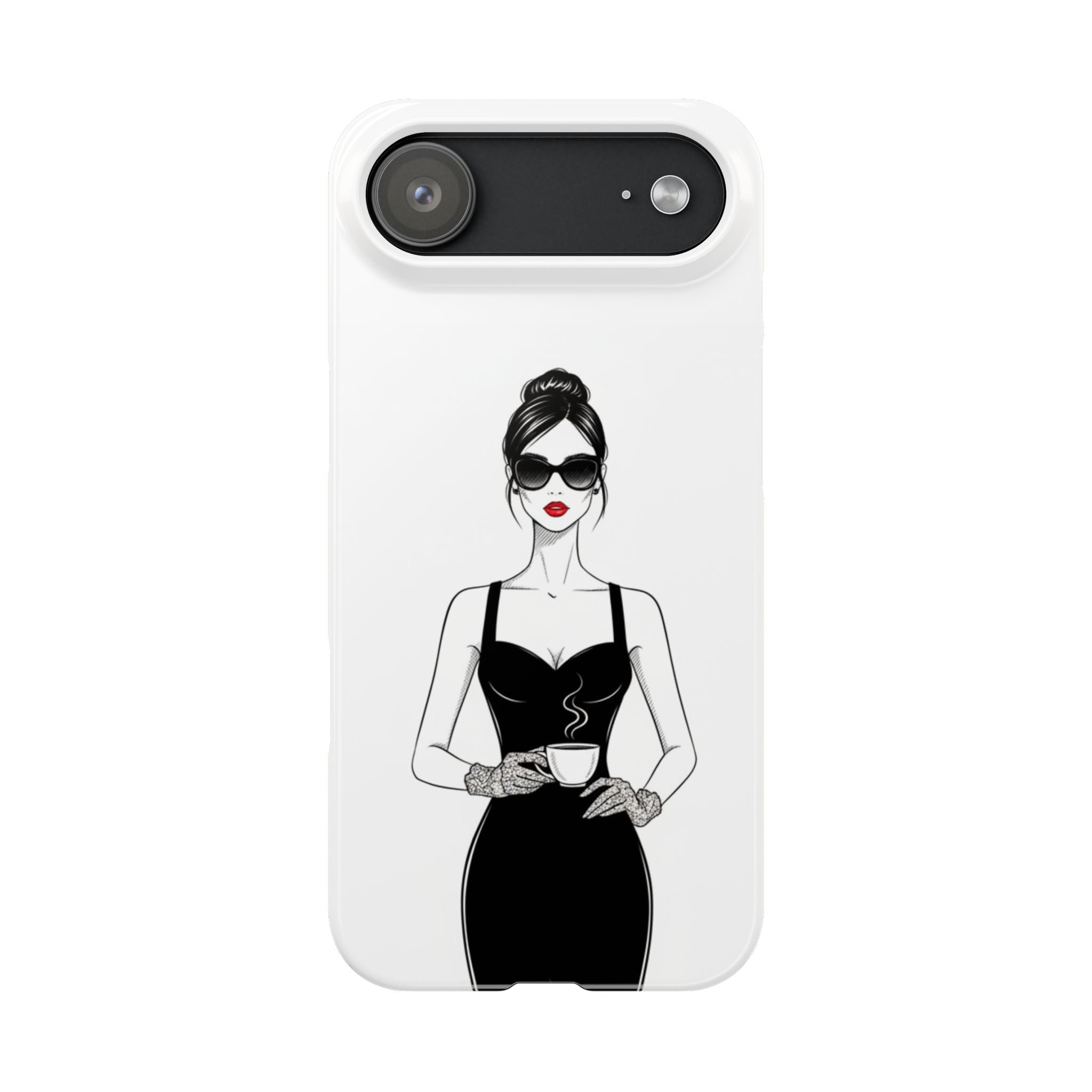 Chic High-Fashion Slim Phone Case — Black Dress Illustration with Red Lip Accent