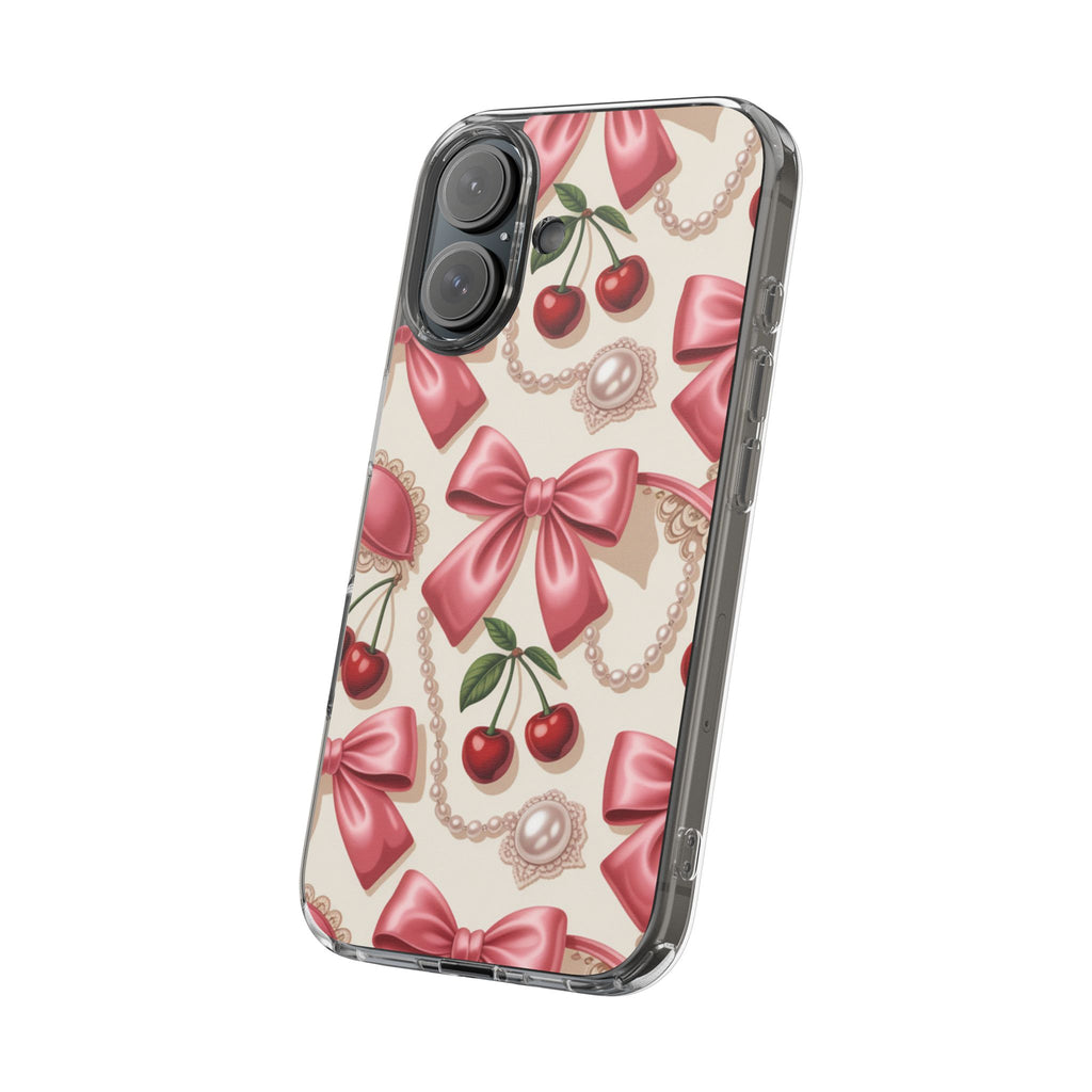 Phone Cases - Coquette Aesthetic Pattern with Pink Satin Bows, Pearls, and Cherries