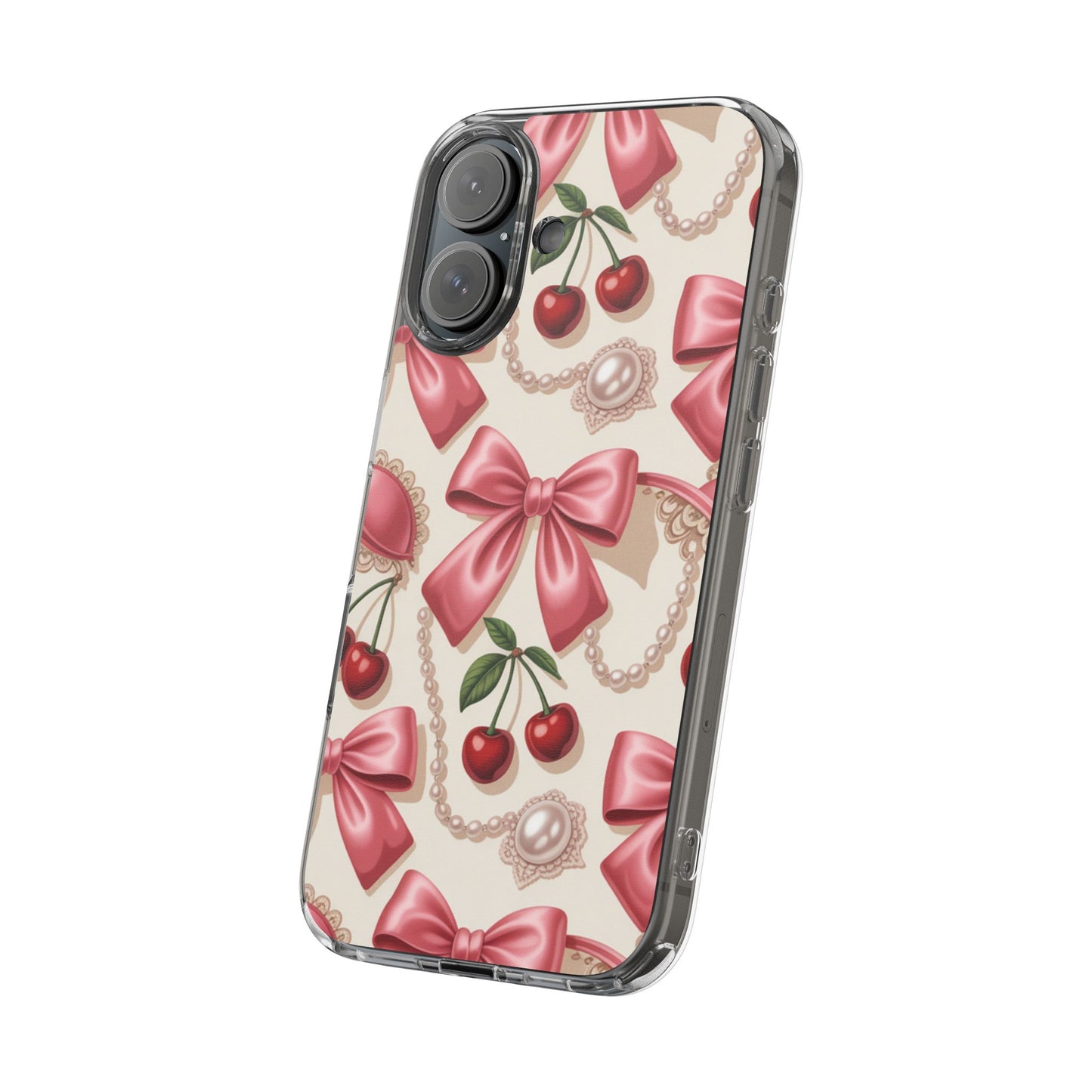 Phone Cases - Coquette Aesthetic Pattern with Pink Satin Bows, Pearls, and Cherries