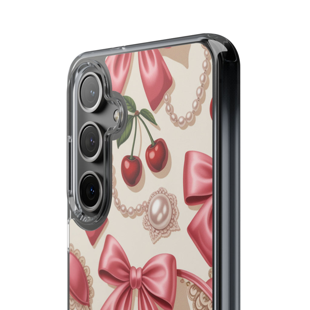 Phone Cases - Coquette Aesthetic Pattern with Pink Satin Bows, Pearls, and Cherries