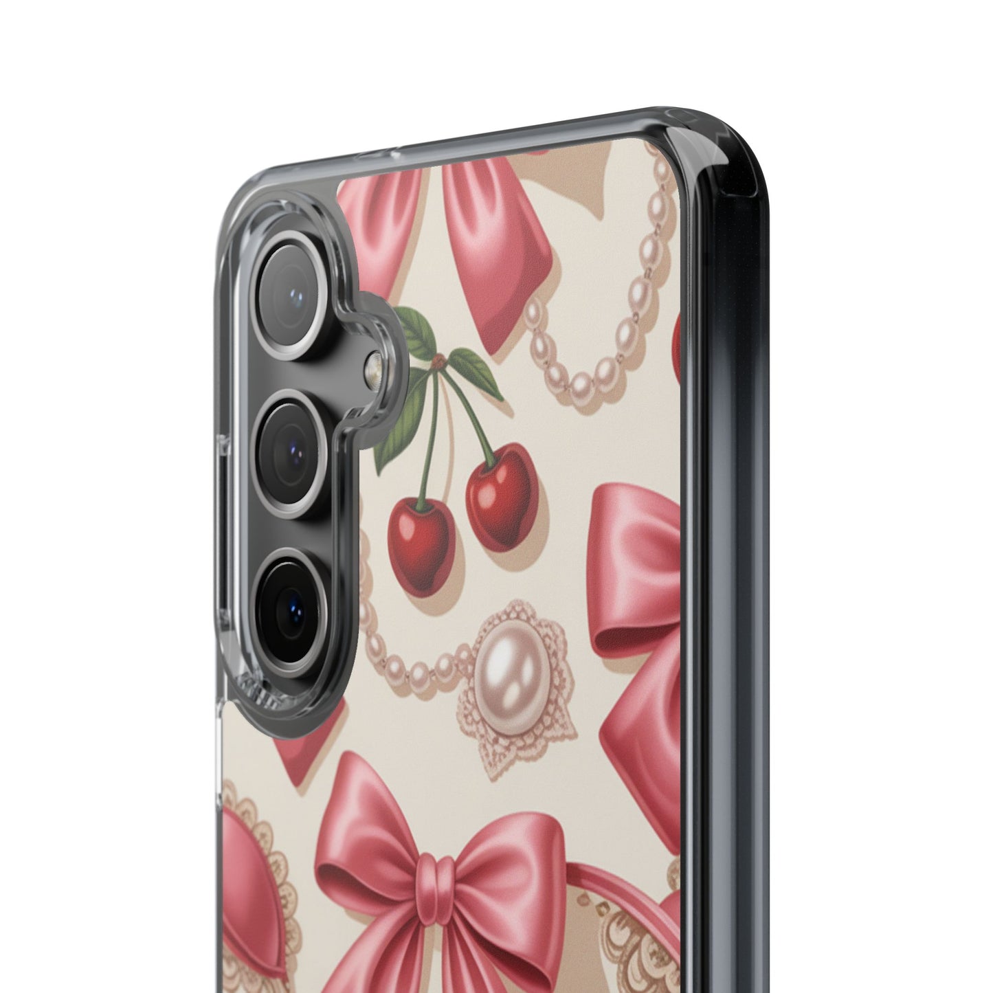 Phone Cases - Coquette Aesthetic Pattern with Pink Satin Bows, Pearls, and Cherries