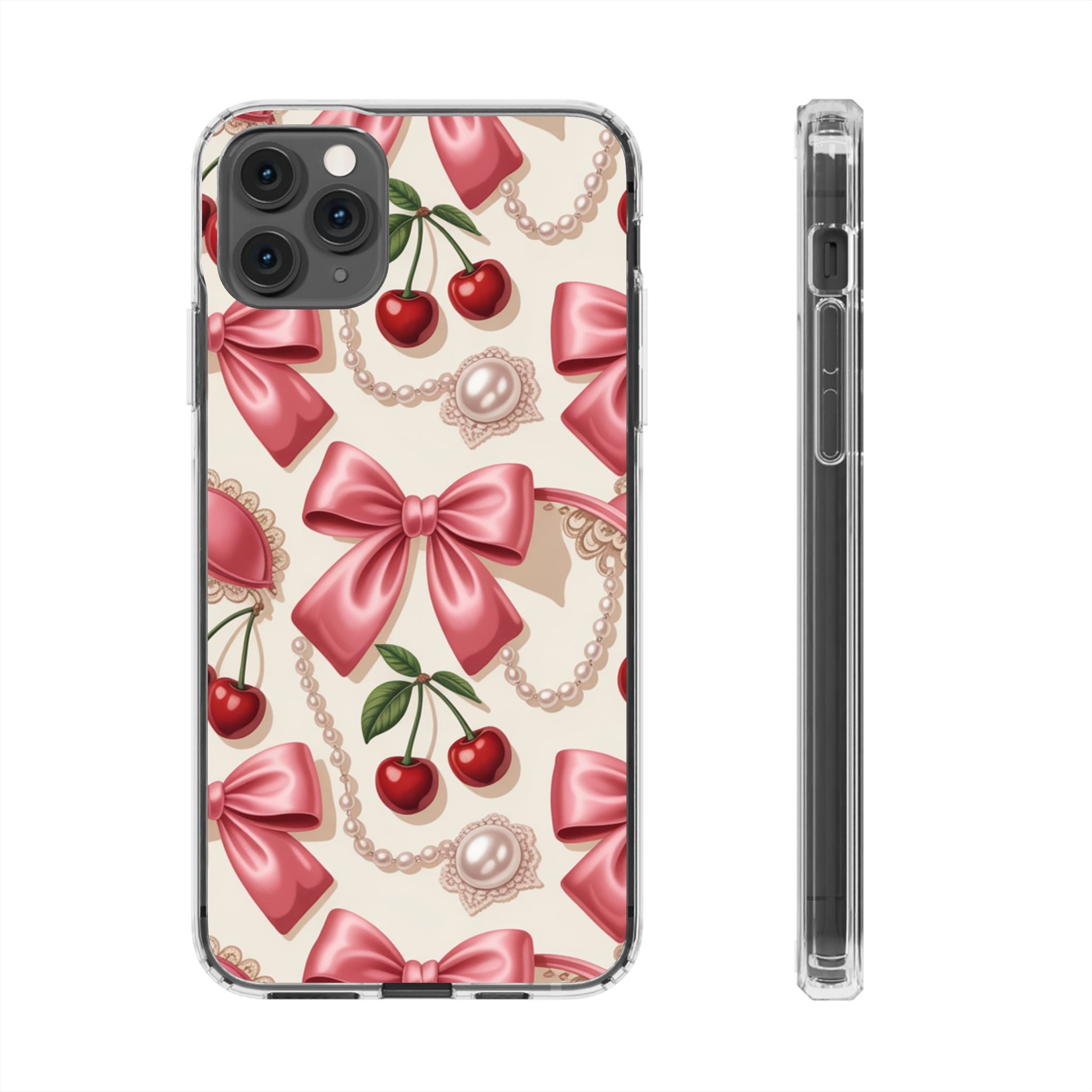 Phone Cases - Coquette Aesthetic Pattern with Pink Satin Bows, Pearls, and Cherries