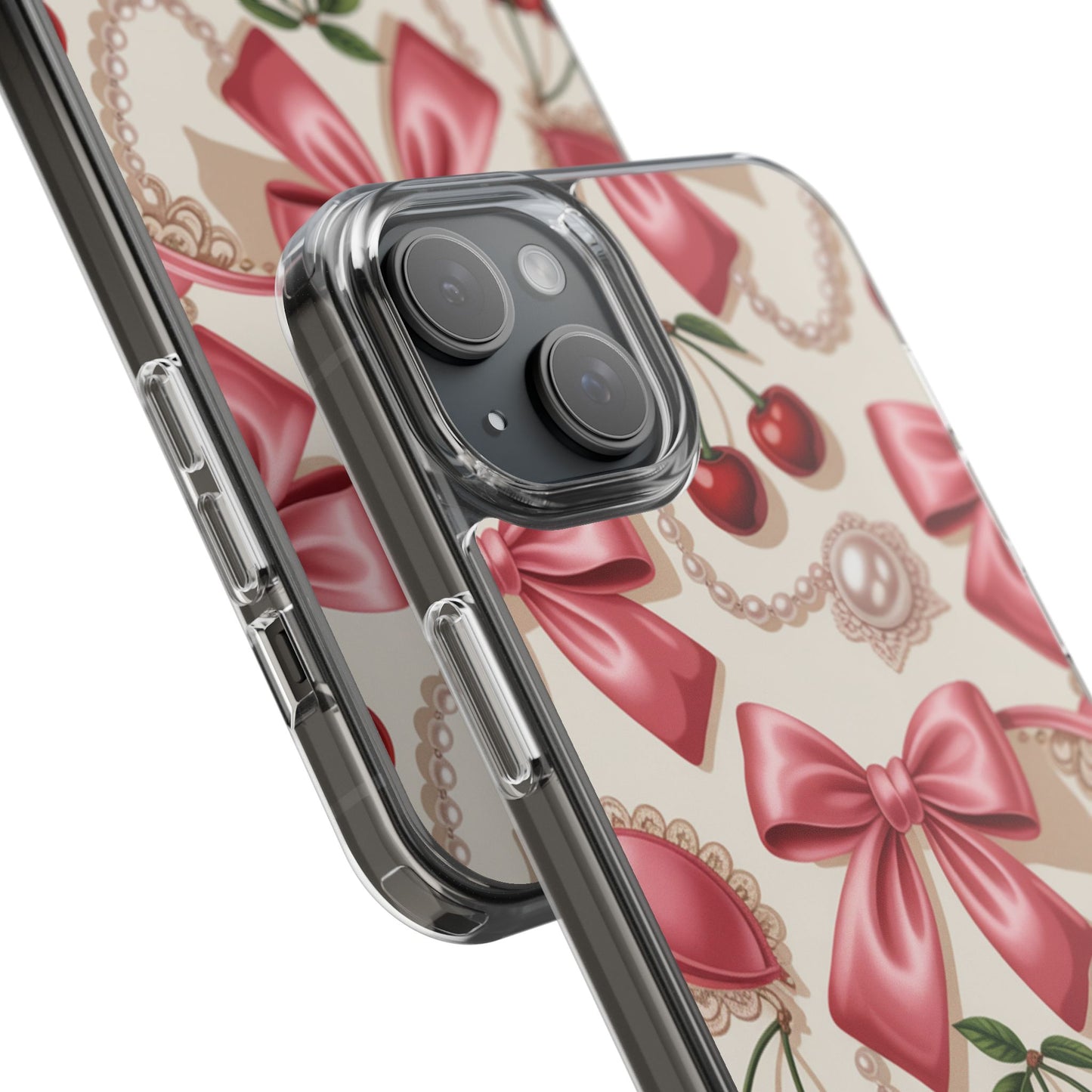 Phone Cases - Coquette Aesthetic Pattern with Pink Satin Bows, Pearls, and Cherries