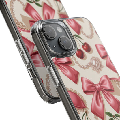 Phone Cases - Coquette Aesthetic Pattern with Pink Satin Bows, Pearls, and Cherries