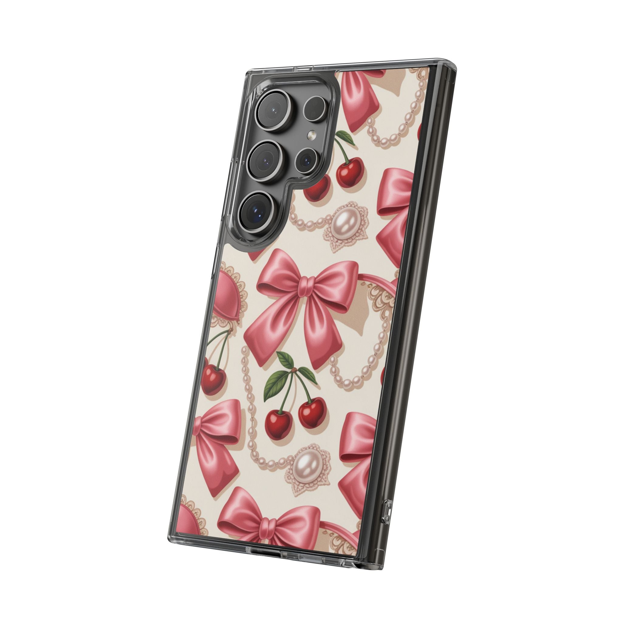 Phone Cases - Coquette Aesthetic Pattern with Pink Satin Bows, Pearls, and Cherries