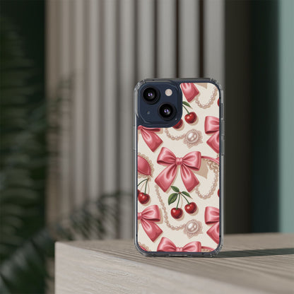 Phone Cases - Coquette Aesthetic Pattern with Pink Satin Bows, Pearls, and Cherries
