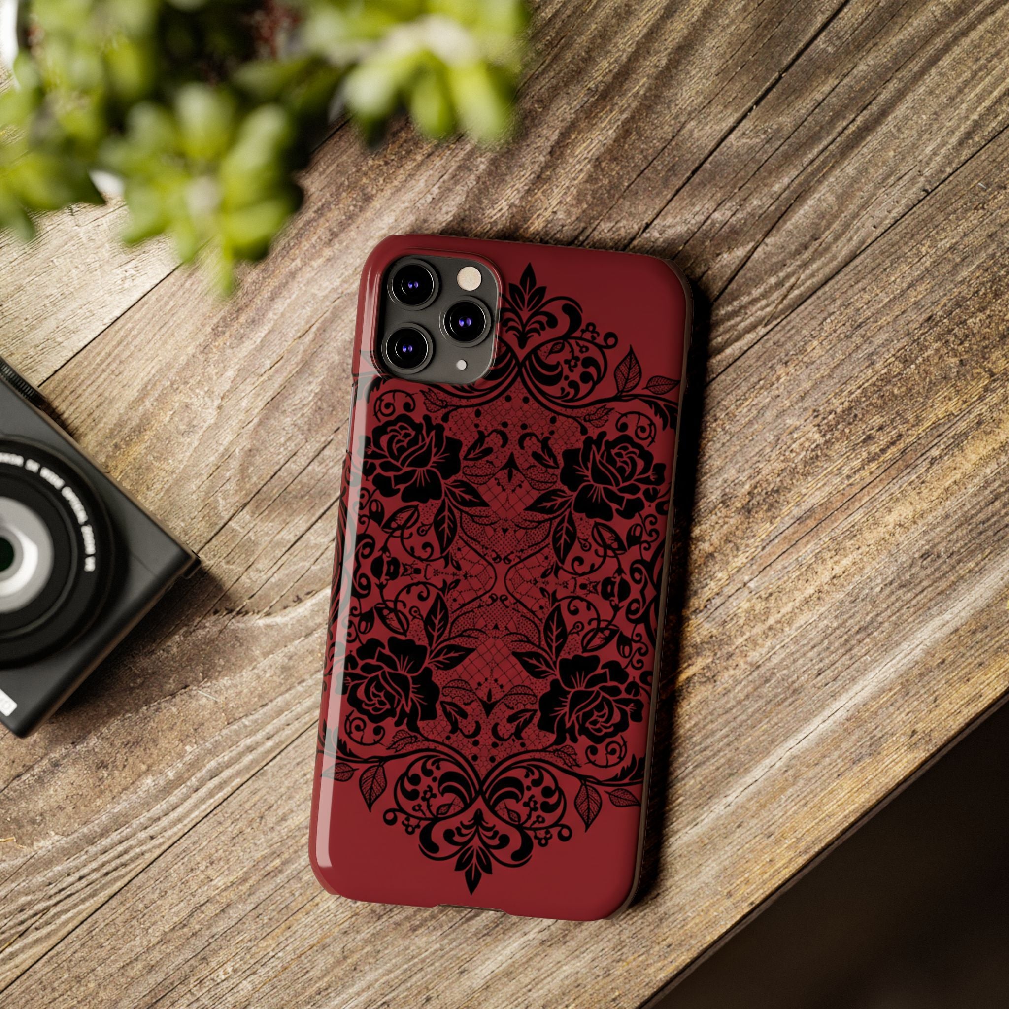 Gothic Lace Phone Case — Intricate Black Lace Over Deep Blood Red